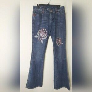 Western Denim Bank Women’s Flare Jeans Flower Bedazzling Medium Wash Size 30